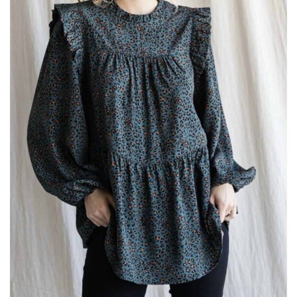 Jodifl Long Sleeve Top Womens Sz S Leopard Print Ruffle Bubble Sleeve Frill Mock
